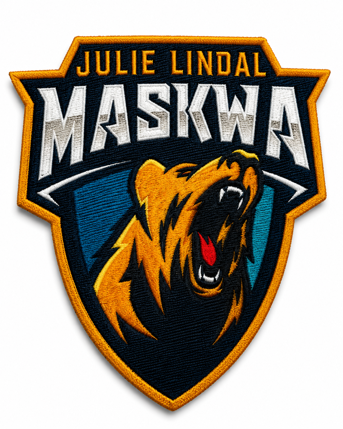 Shield-shaped bear embroidered patch with orange trim
