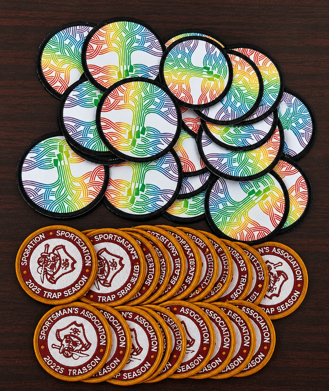 Geometric pattern patches and sportsman association designs